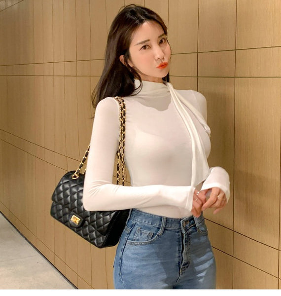 Stylish Scarf Collar Slim Fit Long Sleeve Top