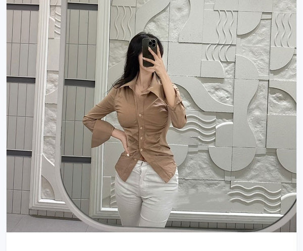 Figure-Enhancing, Waist-Cinching Polo Neck Long Sleeve Shirt