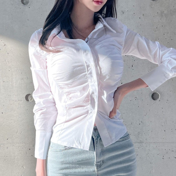 Figure-Enhancing, Waist-Cinching Polo Neck Long Sleeve Shirt