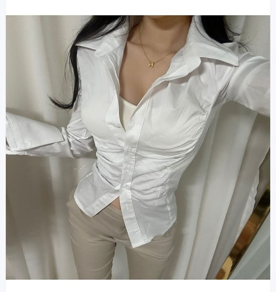 Figure-Enhancing, Waist-Cinching Polo Neck Long Sleeve Shirt