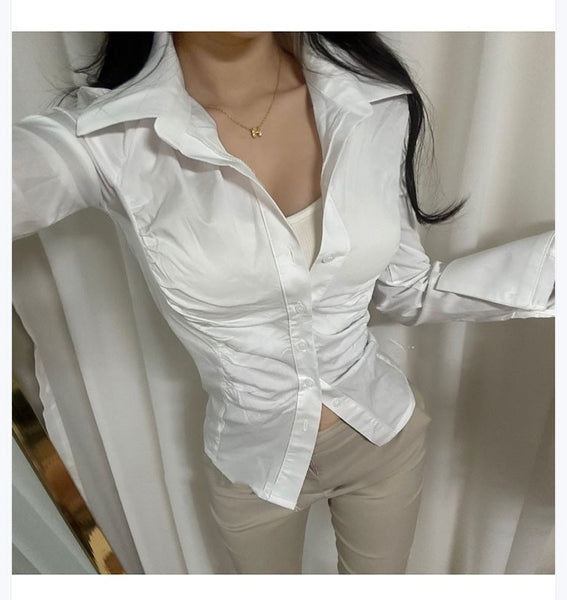 Figure-Enhancing, Waist-Cinching Polo Neck Long Sleeve Shirt