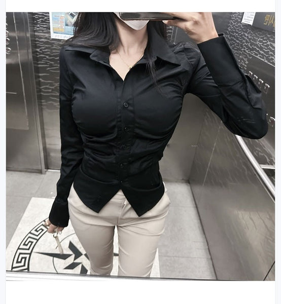 Figure-Enhancing, Waist-Cinching Polo Neck Long Sleeve Shirt