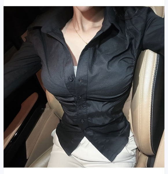 Figure-Enhancing, Waist-Cinching Polo Neck Long Sleeve Shirt