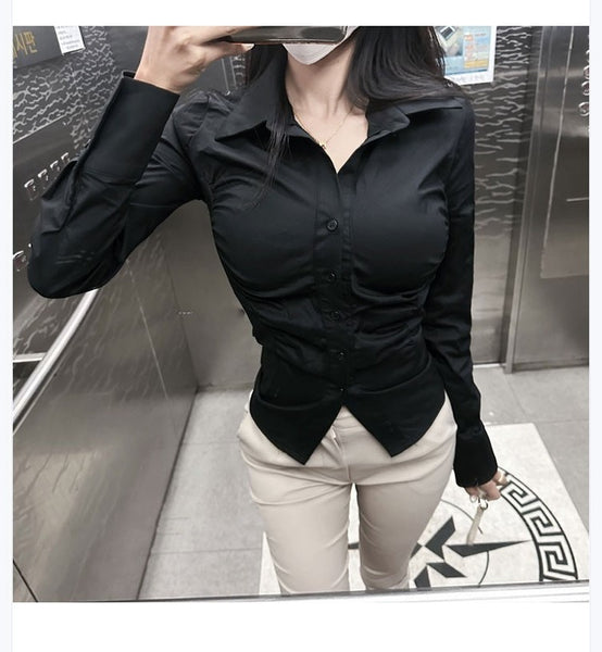 Figure-Enhancing, Waist-Cinching Polo Neck Long Sleeve Shirt