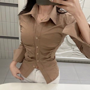 Figure-Enhancing, Waist-Cinching Polo Neck Long Sleeve Shirt