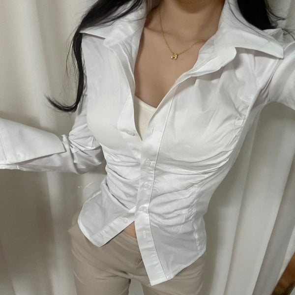 Figure-Enhancing, Waist-Cinching Polo Neck Long Sleeve Shirt