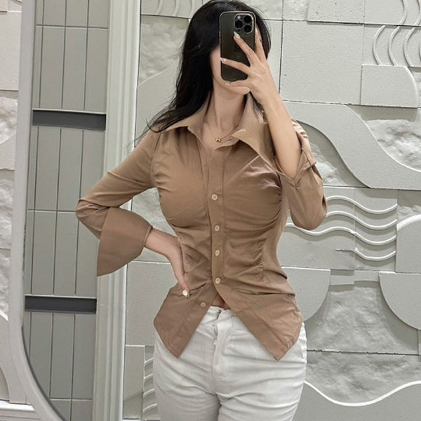 Figure-Enhancing, Waist-Cinching Polo Neck Long Sleeve Shirt