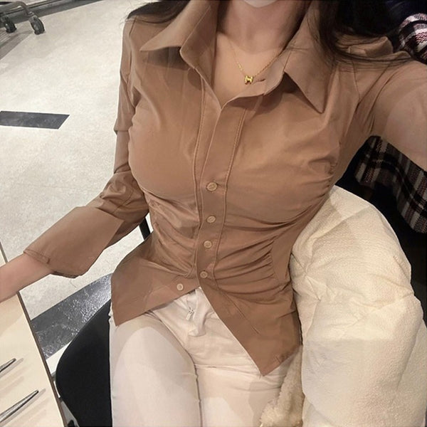 Figure-Enhancing, Waist-Cinching Polo Neck Long Sleeve Shirt