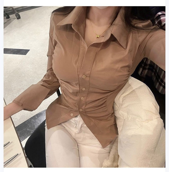 Figure-Enhancing, Waist-Cinching Polo Neck Long Sleeve Shirt