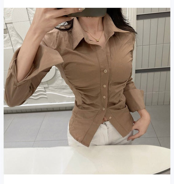 Figure-Enhancing, Waist-Cinching Polo Neck Long Sleeve Shirt