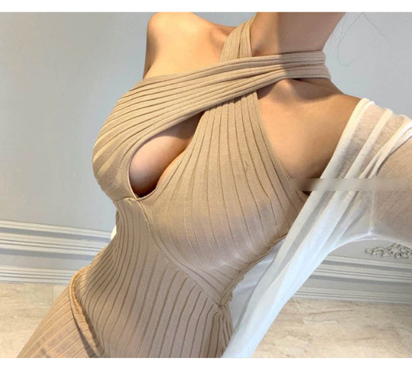 Chic Halter Neck Knit Bodycon Mini Dress