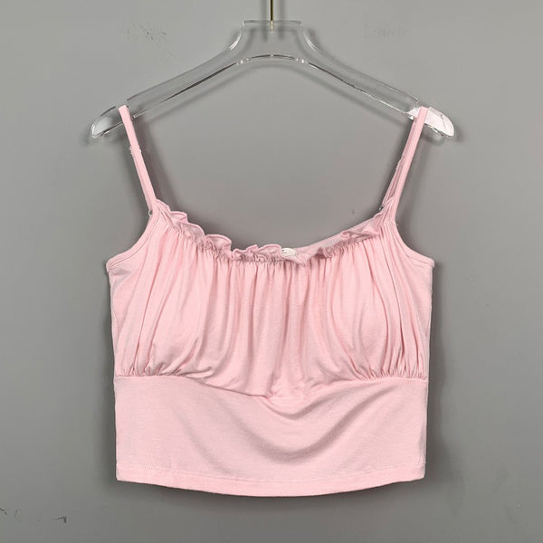 Elegant Figure-Enhancing Camisole with Padded Bust and Pleated Ruffle Trim