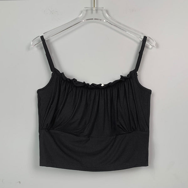 Elegant Figure-Enhancing Camisole with Padded Bust and Pleated Ruffle Trim