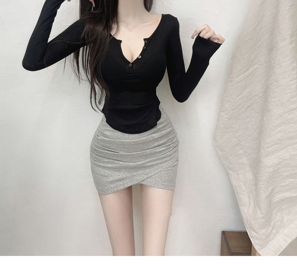 Elegant Half-Open Neck Sheer Long Sleeve T-Shirt