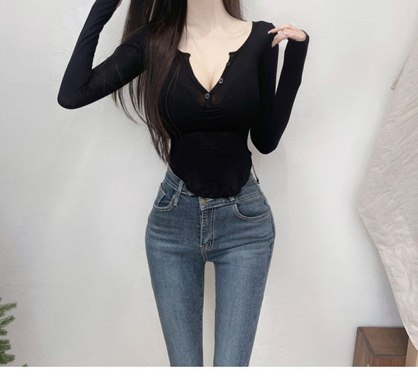 Elegant Half-Open Neck Sheer Long Sleeve T-Shirt