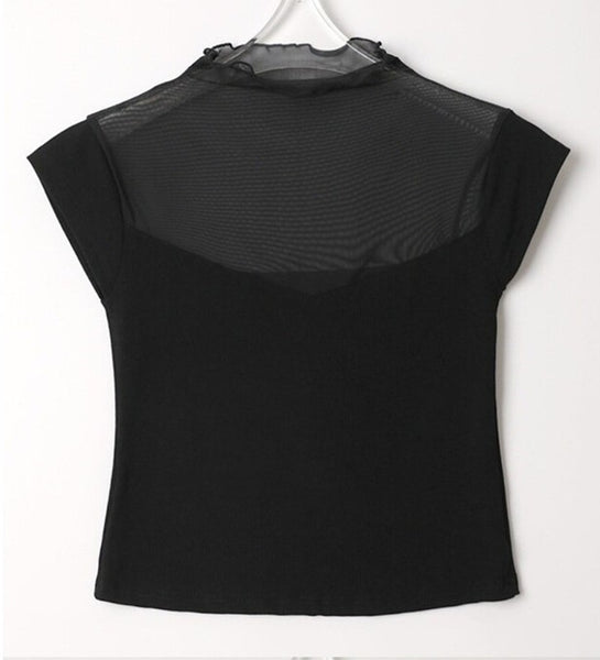 Elegant Mesh-Panel Faux Two-Piece Short Sleeve T-Shirt