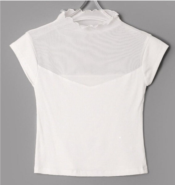 Elegant Mesh-Panel Faux Two-Piece Short Sleeve T-Shirt