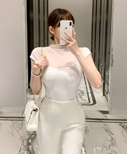 Elegant Mesh-Panel Faux Two-Piece Short Sleeve T-Shirt