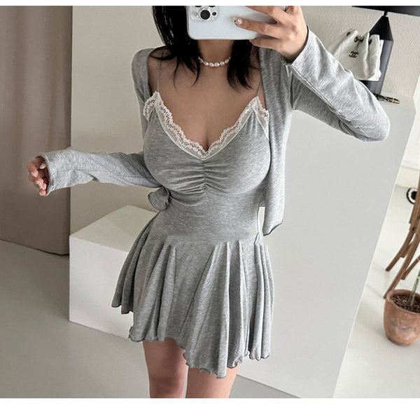 Lace-Panel Cinched Waist Cami Dress + Long Sleeve Cardigan Set