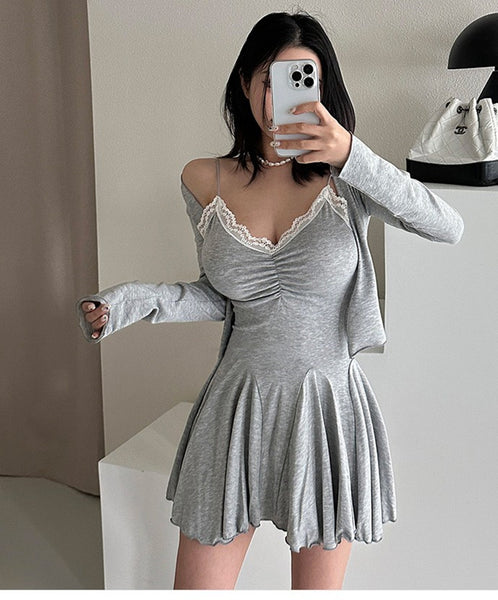 Lace-Panel Cinched Waist Cami Dress + Long Sleeve Cardigan Set