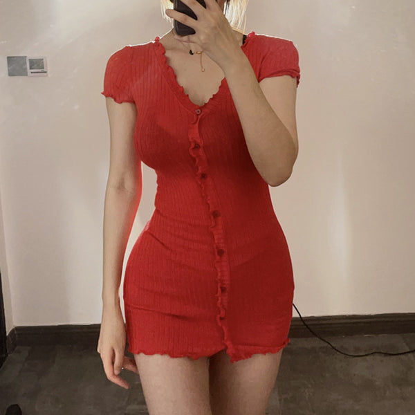 Red Elegant Short Sleeve Knit Bodycon Dress with Ruffle Trim