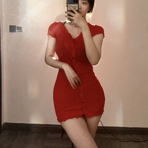 Red Elegant Short Sleeve Knit Bodycon Dress with Ruffle Trim