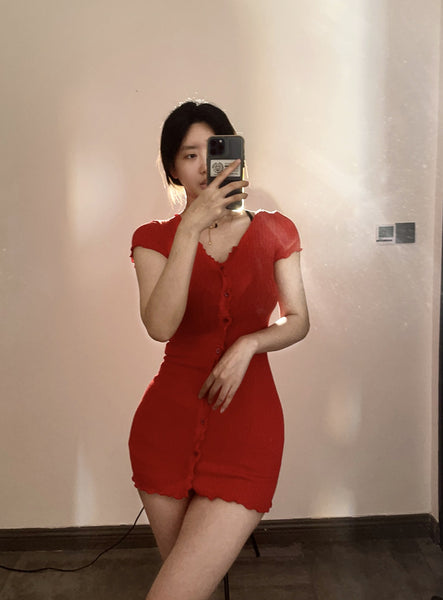 Red Elegant Short Sleeve Knit Bodycon Dress with Ruffle Trim