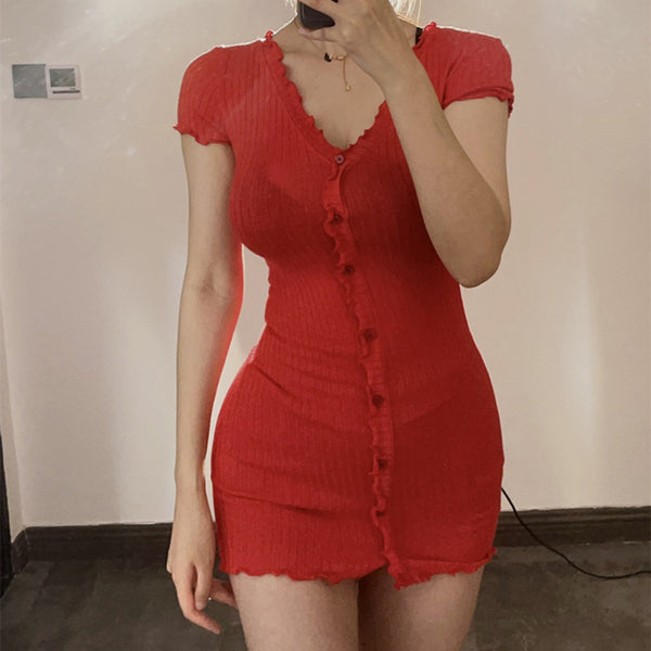 Red Elegant Short Sleeve Knit Bodycon Dress with Ruffle Trim