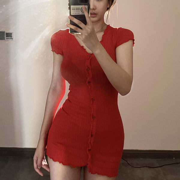 Red Elegant Short Sleeve Knit Bodycon Dress with Ruffle Trim