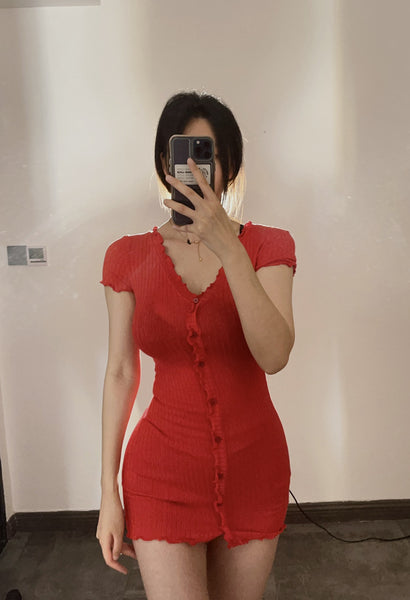 Red Elegant Short Sleeve Knit Bodycon Dress with Ruffle Trim