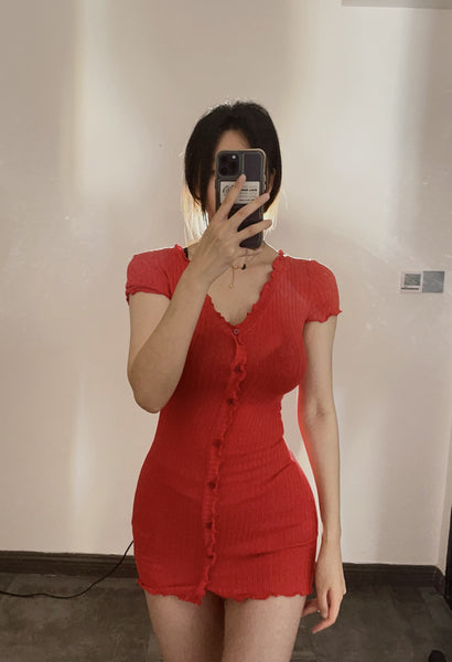 Red Elegant Short Sleeve Knit Bodycon Dress with Ruffle Trim