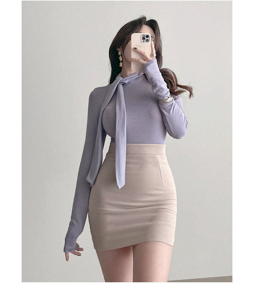 Ribbon-Trimmed Semi-High Neck Top: Feminine, Figure-Hugging Long Sleeve T-Shirt