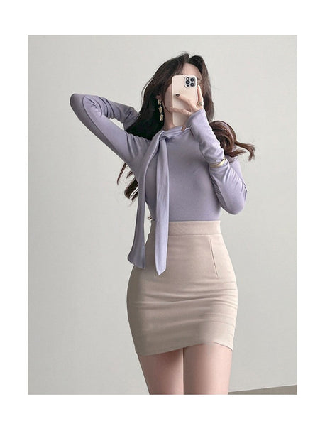 Ribbon-Trimmed Semi-High Neck Top: Feminine, Figure-Hugging Long Sleeve T-Shirt