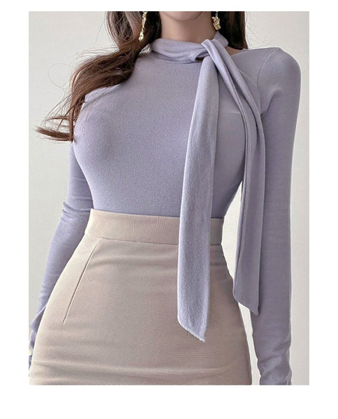 Ribbon-Trimmed Semi-High Neck Top: Feminine, Figure-Hugging Long Sleeve T-Shirt