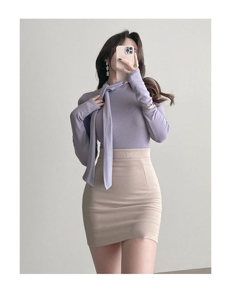 Ribbon-Trimmed Semi-High Neck Top: Feminine, Figure-Hugging Long Sleeve T-Shirt