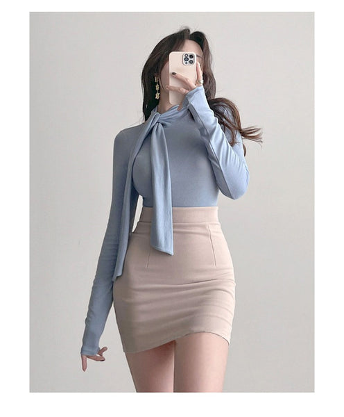 Ribbon-Trimmed Semi-High Neck Top: Feminine, Figure-Hugging Long Sleeve T-Shirt