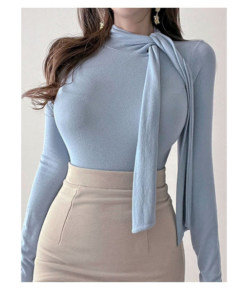 Ribbon-Trimmed Semi-High Neck Top: Feminine, Figure-Hugging Long Sleeve T-Shirt