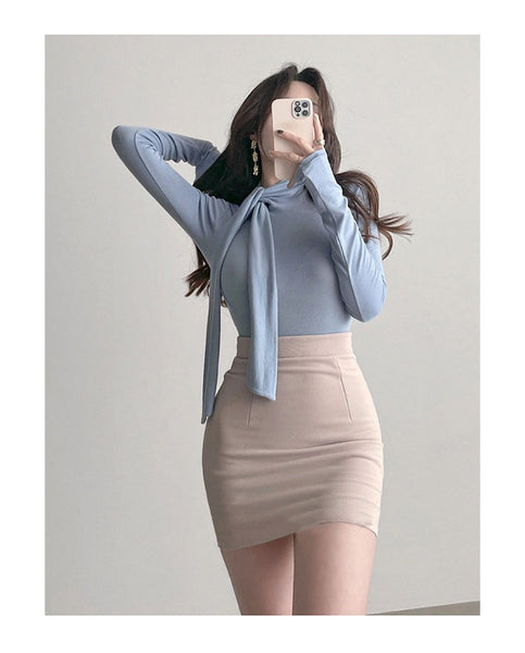 Ribbon-Trimmed Semi-High Neck Top: Feminine, Figure-Hugging Long Sleeve T-Shirt