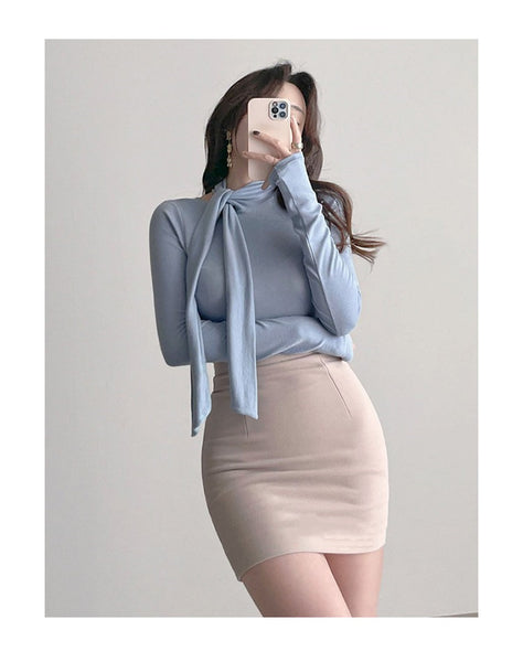 Ribbon-Trimmed Semi-High Neck Top: Feminine, Figure-Hugging Long Sleeve T-Shirt