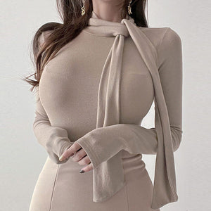 Ribbon-Trimmed Semi-High Neck Top: Feminine, Figure-Hugging Long Sleeve T-Shirt