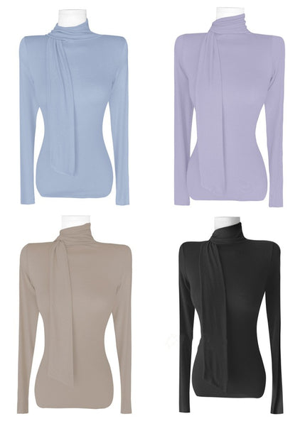 Ribbon-Trimmed Semi-High Neck Top: Feminine, Figure-Hugging Long Sleeve T-Shirt