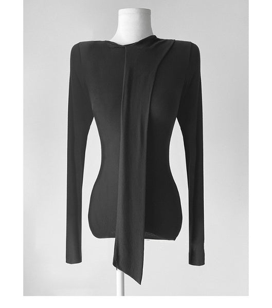 Ribbon-Trimmed Semi-High Neck Top: Feminine, Figure-Hugging Long Sleeve T-Shirt