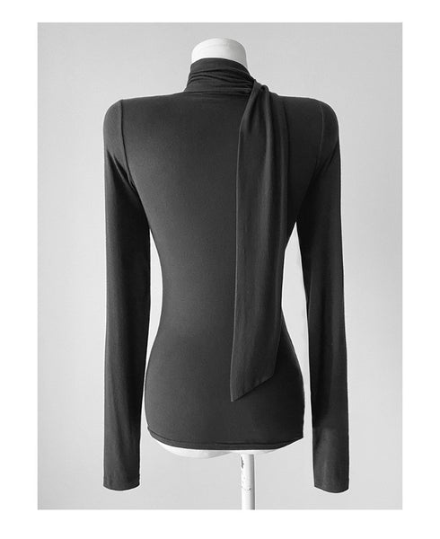 Ribbon-Trimmed Semi-High Neck Top: Feminine, Figure-Hugging Long Sleeve T-Shirt