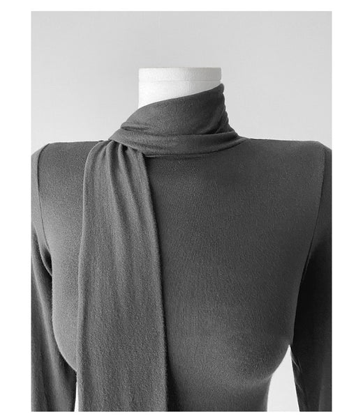 Ribbon-Trimmed Semi-High Neck Top: Feminine, Figure-Hugging Long Sleeve T-Shirt