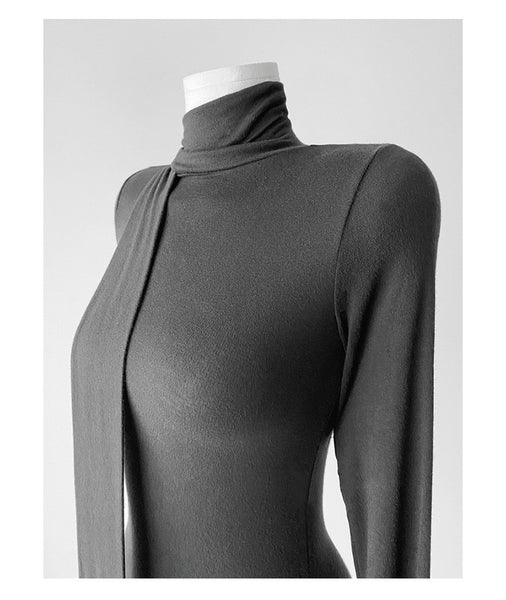 Ribbon-Trimmed Semi-High Neck Top: Feminine, Figure-Hugging Long Sleeve T-Shirt