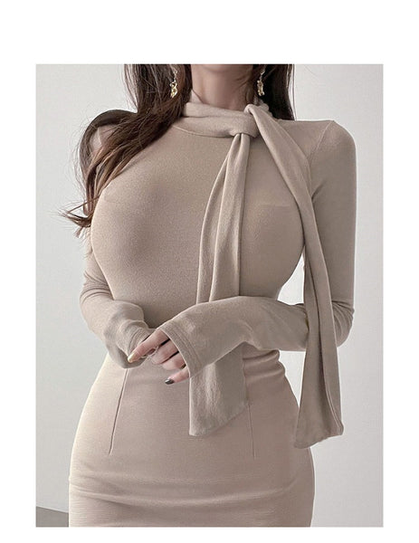 Ribbon-Trimmed Semi-High Neck Top: Feminine, Figure-Hugging Long Sleeve T-Shirt