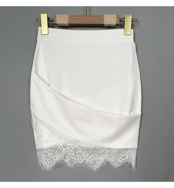 Sexy and Elegant White Lace Trim High-Waisted Bodycon Skirt