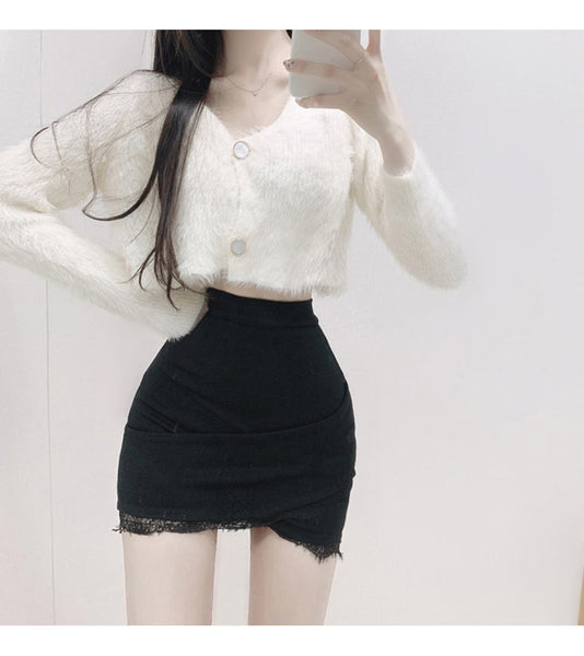 Sexy and Elegant White Lace Trim High-Waisted Bodycon Skirt