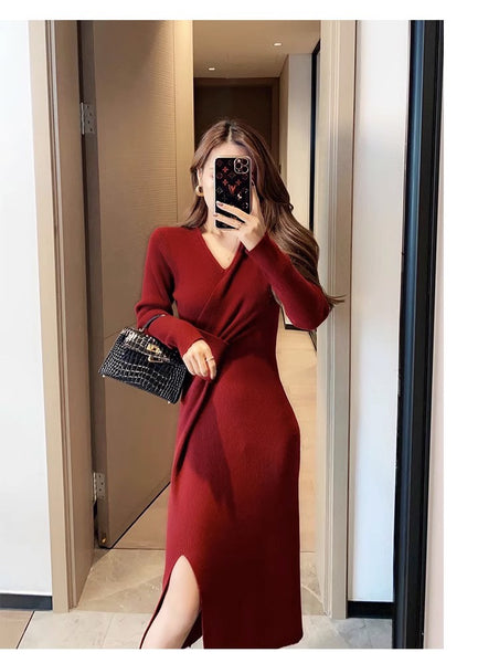 Side-Slit French Vintage Red Knit Dress