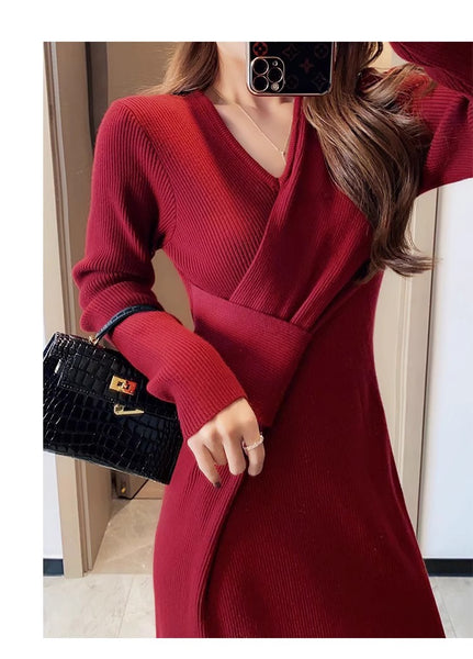 Side-Slit French Vintage Red Knit Dress